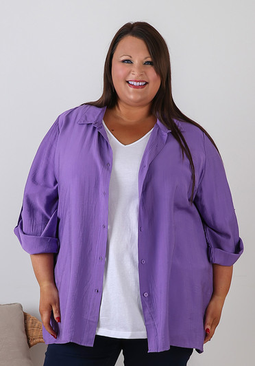 Plus Size Relaxed Fit Button Up Shirt in Purple 