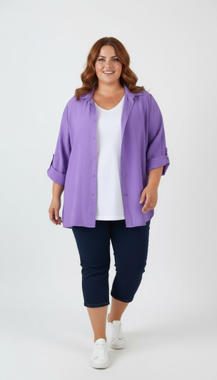 Plus Size Relaxed Fit Button Up Shirt in Purple 