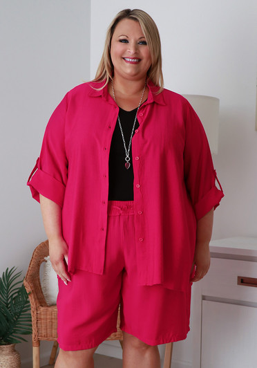 Plus Size Magenta Adjustable Sleeve Buttoned Shirt