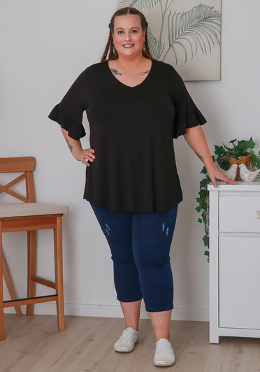 Plus Size Black Bamboo Tee With Frill Sleeves