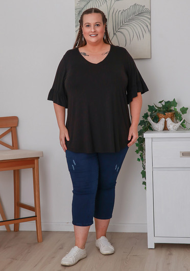 Plus Size Black Bamboo Tee With Frill Sleeves