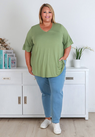 Plus Size Sage Bamboo Tee With Frill Sleeves