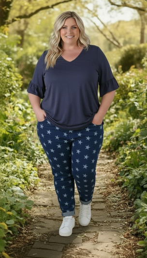 Navy Bamboo Tee With Frill Sleeves