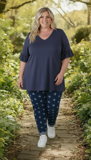 Navy Bamboo Tee With Frill Sleeves