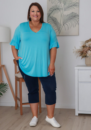 Plus Size Sky Blue Bamboo Tee With Frill Sleeves
