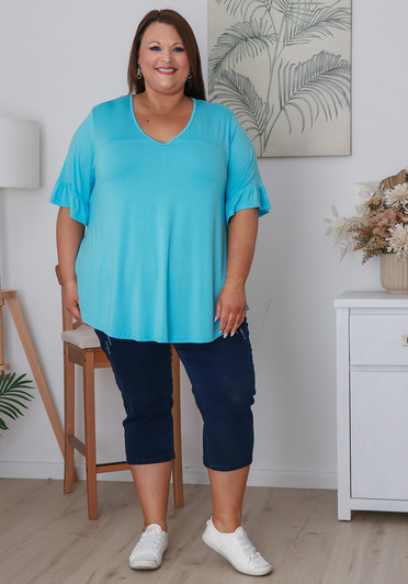 Plus Size Sky Blue Bamboo Tee With Frill Sleeves