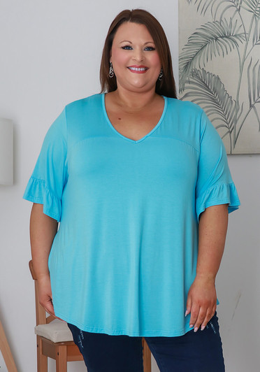 Plus Size Sky Blue Bamboo Tee With Frill Sleeves