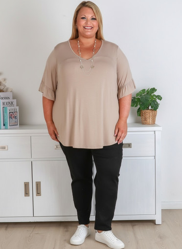 Plus Size Taupe Bamboo Tee With Frill Sleeves