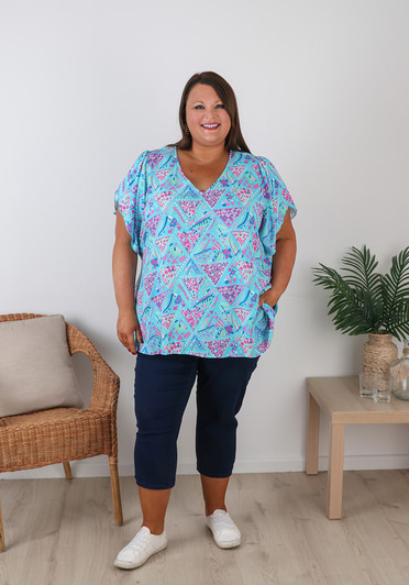 Plus Size Split Sleeve Top Blue and Pink 