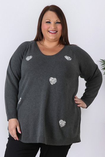 Plus Size Sequin Hearts Jumper In Grey
