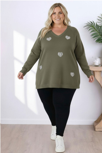 Sequin Hearts Jumper In Khaki