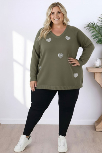 Plus Size Sequin Hearts Jumper In Khaki