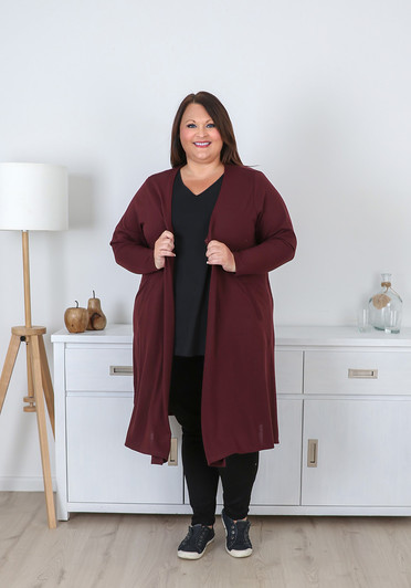 Plus Size Burgundy Long Layering Cardigan with Pockets