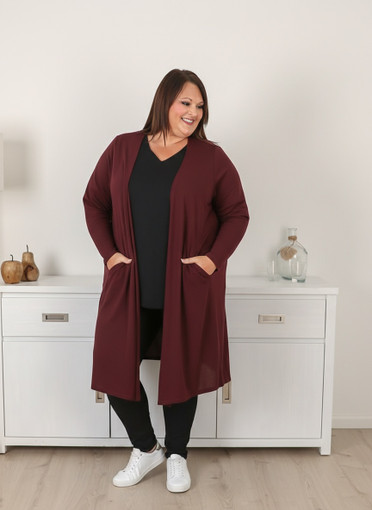 Plus Size Burgundy Long Layer Cardigan with Pockets