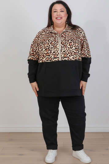 Plus Size Zip Cotton Sweater In Two Tone Leopard