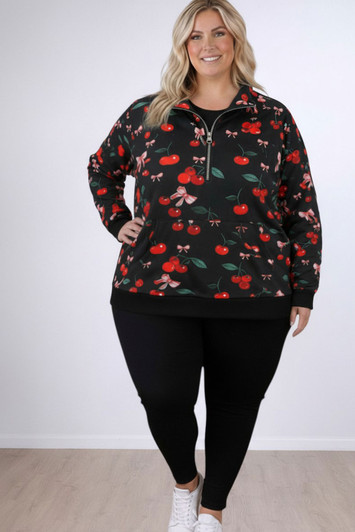 Plus Size Zip Pull Over In Cherries And Bows