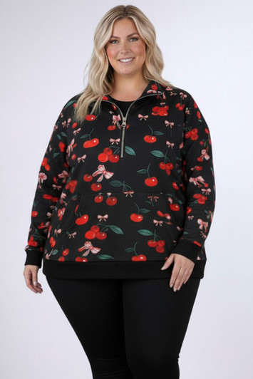 Plus Size Zip Pull Over In Cherries And Bows