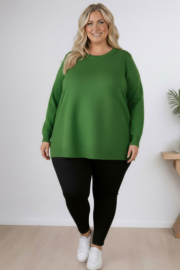 Plus Size Apple Green Crew Neck Cotton Knit Jumper