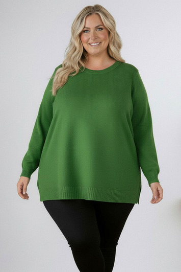 Plus Size Apple Green Crew Neck Cotton Knit Jumper