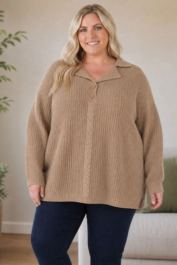 Plus Size Latte Ribbed Knit Jumper With Decorative Braid
