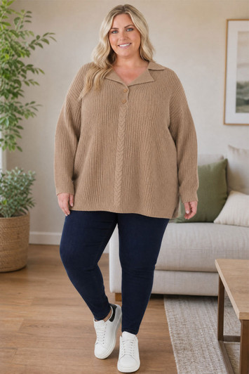 Plus Size Latte Ribbed Knit Jumper With Decorative Braid