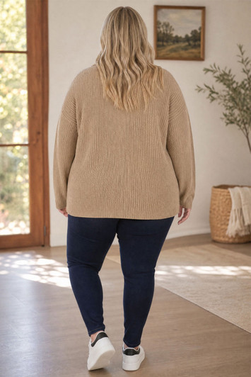 Ribbed Knit Latte Jumper With Decorative Braid