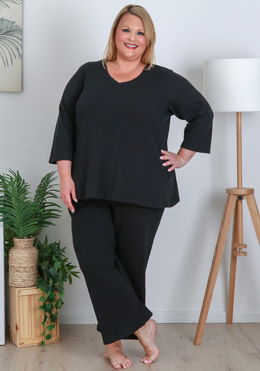 Plus Size Waffle Cotton Black Matching Set