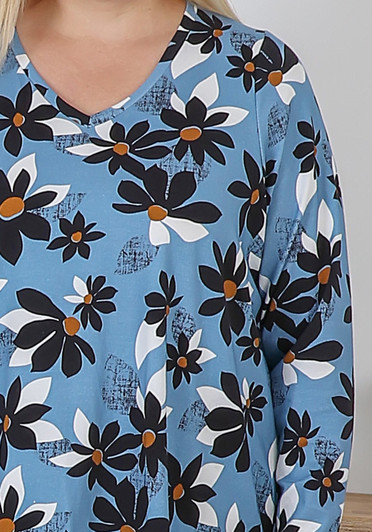 Plus Size Stretch Cotton Black And Blue Floral Top
