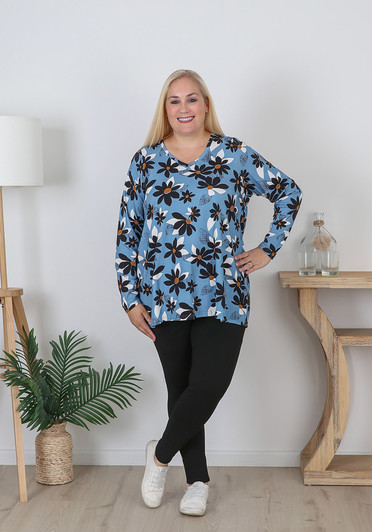 Plus Size Stretch Cotton Black And Blue Floral Top