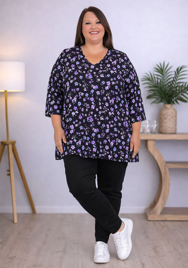 plus size elbow sleeve stretch top in Lilac Floral