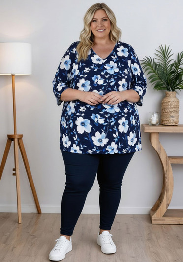 plus size blue floral elbow sleeve top sizes 18 to 32