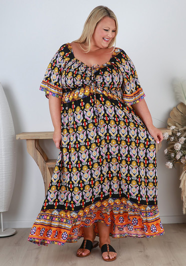 Plus Size Shirred Bust Aztec Maxi Dress