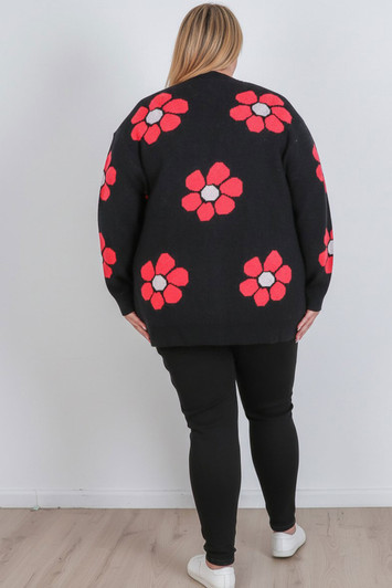 Plus Size Knit Cardigan With Flowers In Black
