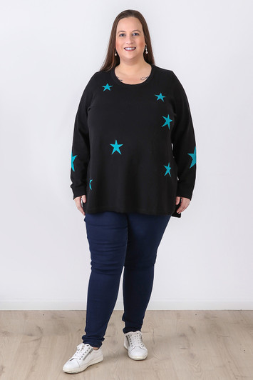 Plus Size Long Sleeve Cotton Blend Blue Stars Top