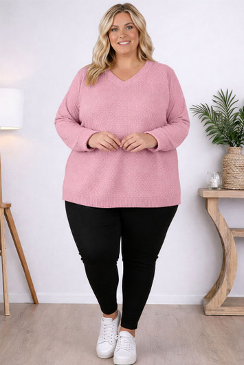 Plus Size V Neck Knit Jumper In Pink