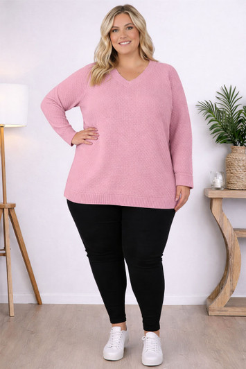 Plus Size V Neck Knit Jumper In Pink