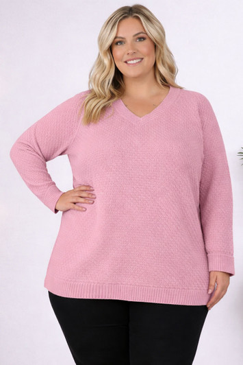 Plus Size V Neck Knit Jumper In Pink