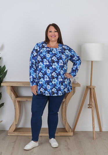 Plus Size Square Neck Top With Blue And White Blossom