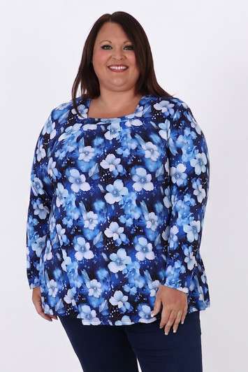 Plus Size Square Neck Top With Blue And White Blossom