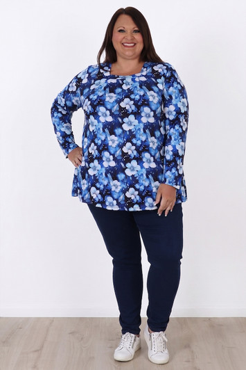 Plus Size Square Neck Top With Blue And White Blossom by Curvaceous