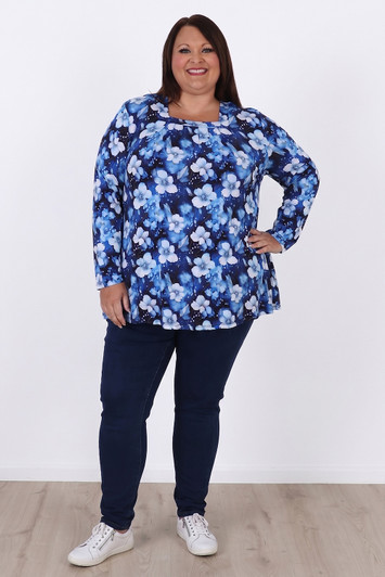 Plus Size Square Neck Top With Blue And White Blossom by Curvaceous