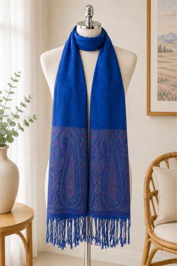 Royal Blue Pashmina Scarf With Paisley Border