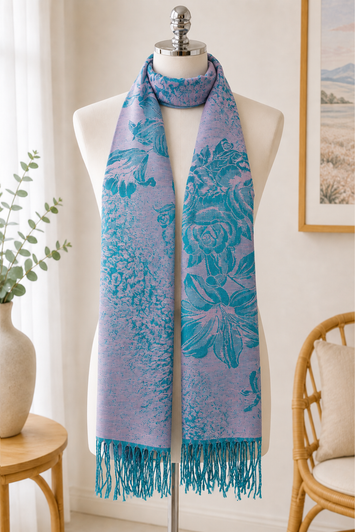 Teal And Pink Pashmina Scarf With Large Floral Detail