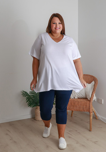 Plus Size Cotton V Neck Tee With Side Splits In White