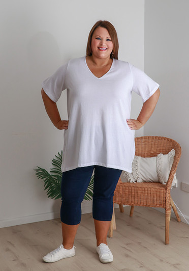 Plus Size V Neck White Cotton Tee