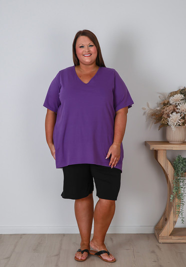 Plus Size Cotton V Neck Tee With Side Splits In Purple