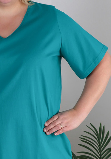 Plus Size Cotton V Neck Tee With Side Splits In Turquoise