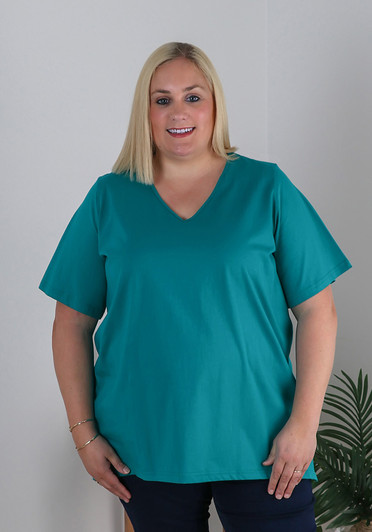 Plus Size Cotton V Neck Tee With Side Splits In Turquoise