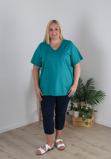 Plus Size Cotton V Neck Tee With Side Splits In Turquoise