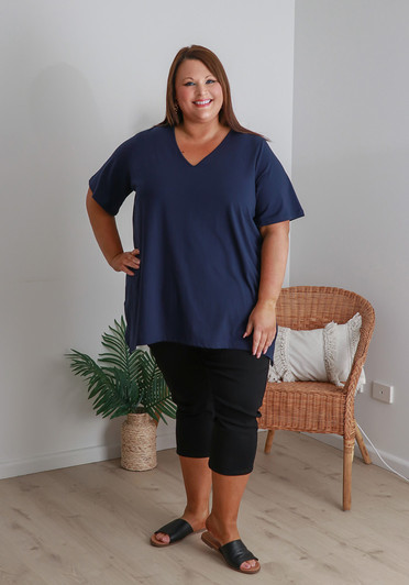 Plus Size V Neck Tee With Side Splits In Navy
